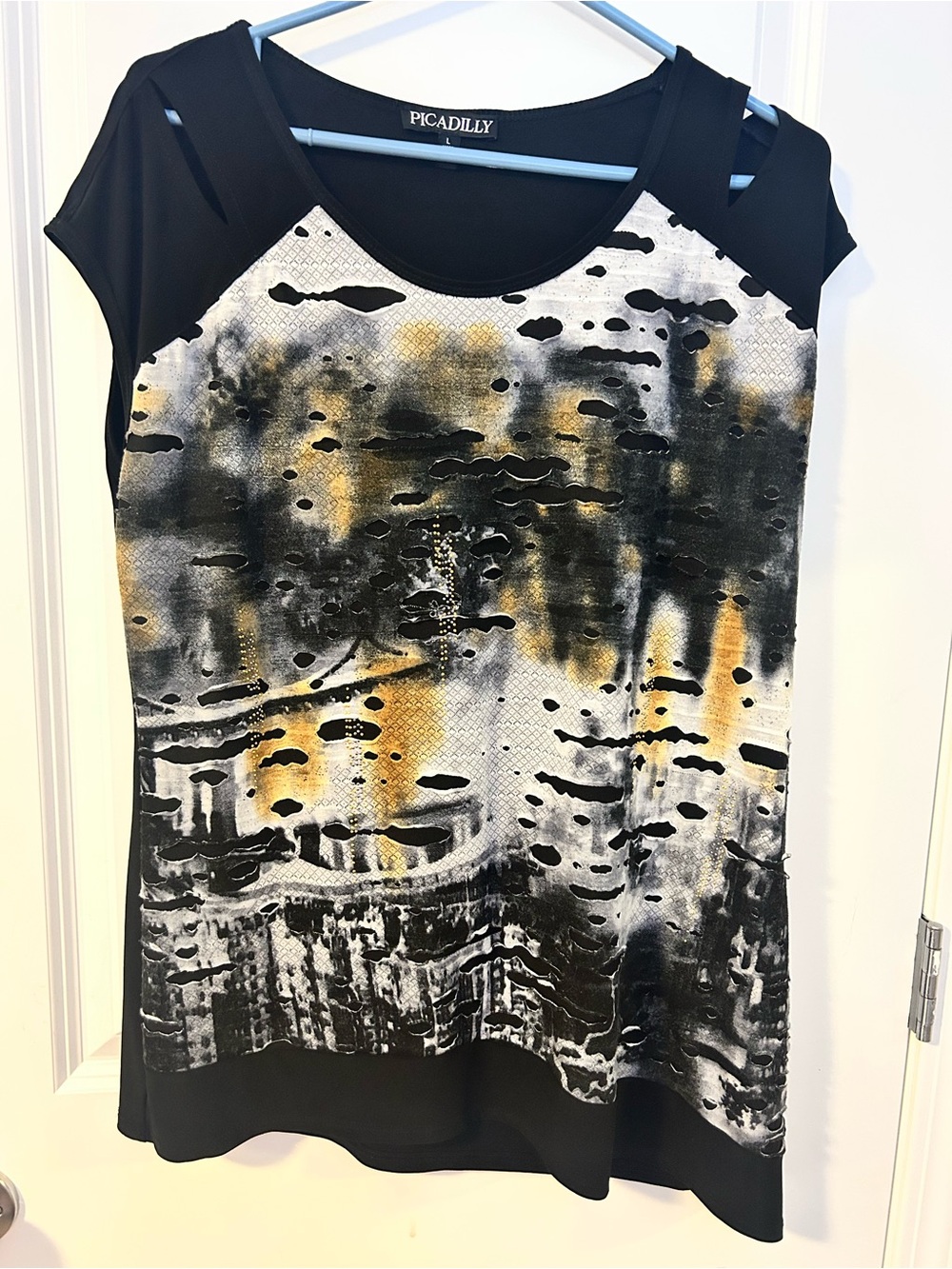 Picadilly Fashion Black, White & Gold Abstract Short Sleeve Top, size L
